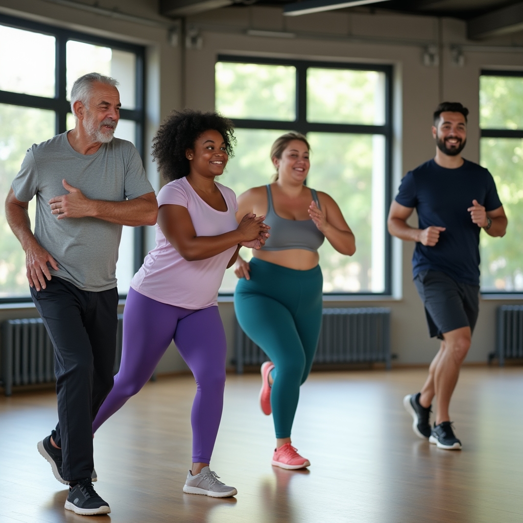 Group of people of different ages and backgrounds doing light exercise in a bright gym space